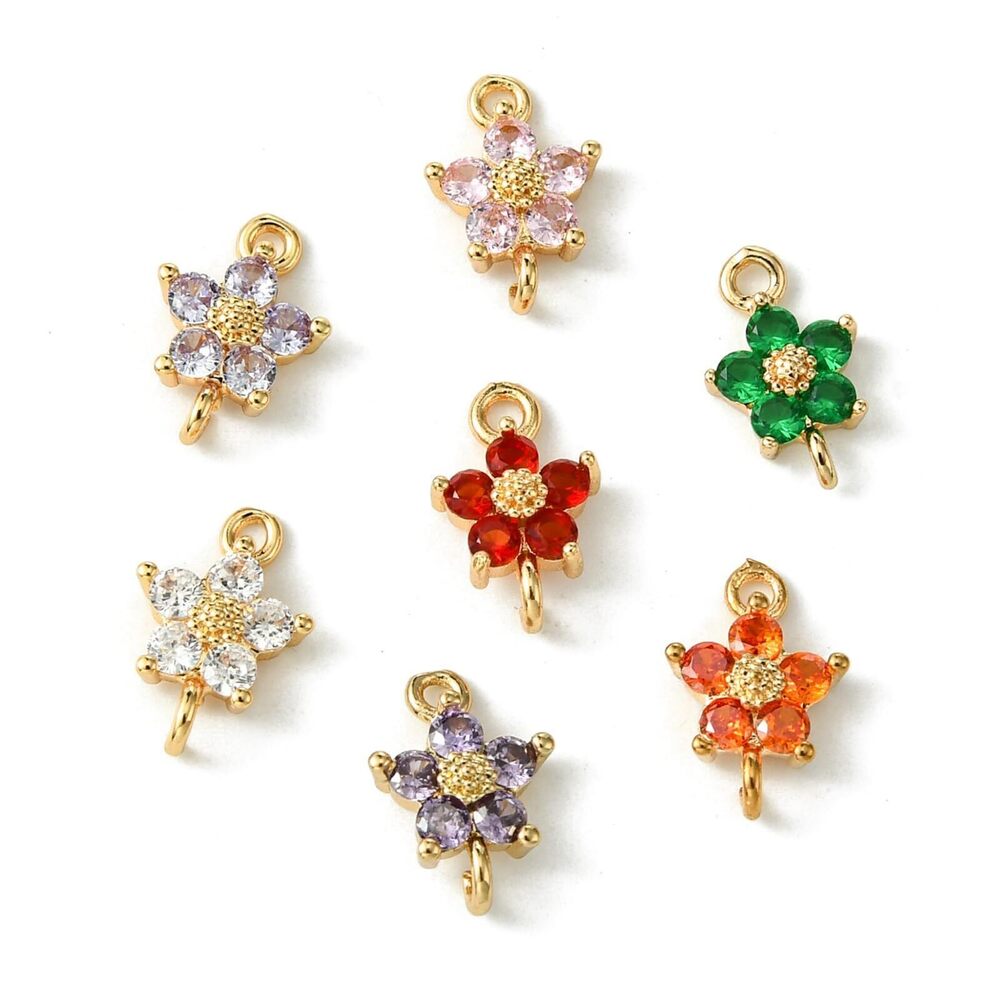 6219 20 Pcs Golden Plated Brass Cubic Zirconia Connector Charms Flower